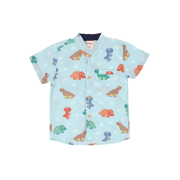 Mandarin Collar Shirt - Big Eye Dinos (Mint Green)