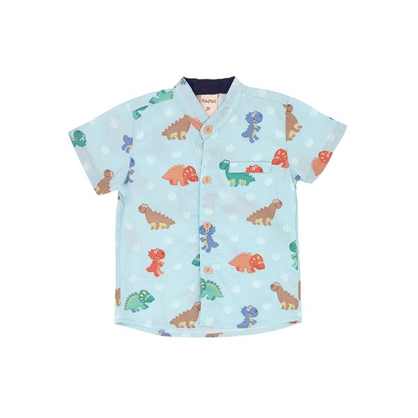 Mandarin Collar Shirt - Big Eye Dinos (Mint Green)