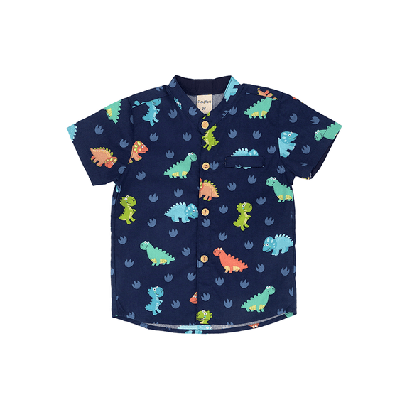 Mandarin Collar Shirt - Big Eye Dinos (Navy)