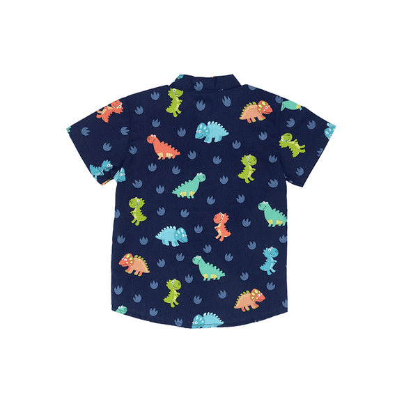 Mandarin Collar Shirt - Big Eye Dinos (Navy)