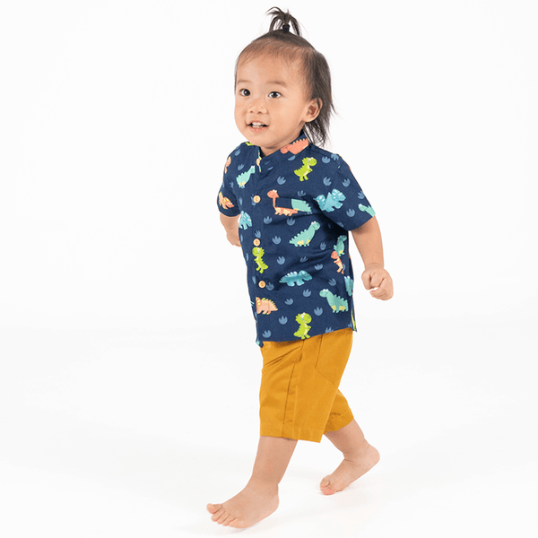 Mandarin Collar Shirt - Big Eye Dinos (Navy)