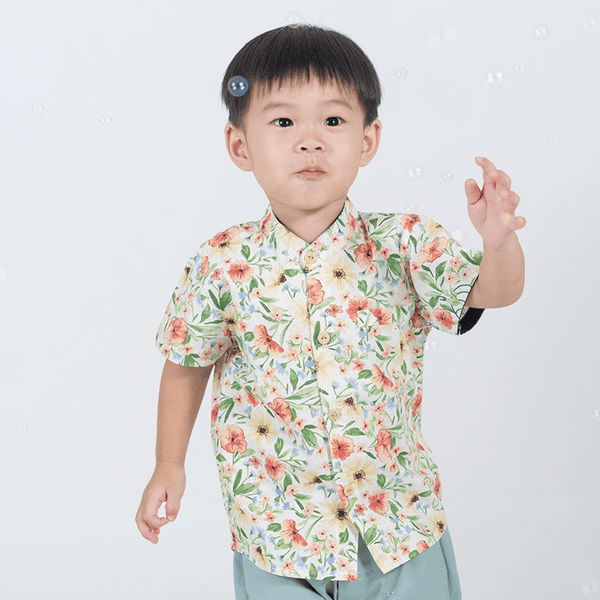 CNY Boy Shirt Mandarin Collar - Enchanted Blooms (Beige)