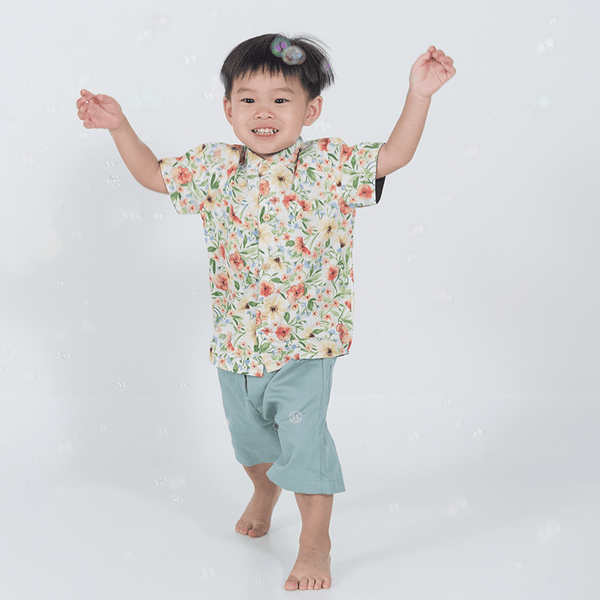 CNY Boy Shirt Mandarin Collar - Enchanted Blooms (Beige)