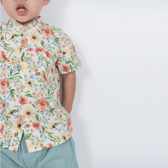 CNY Boy Shirt Mandarin Collar - Enchanted Blooms (Beige)
