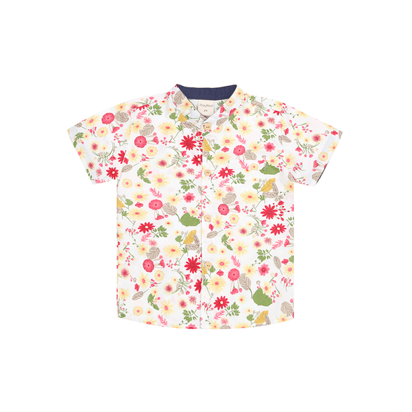 Mandarin Collar Shirt - Gerberas & Daisies (White)