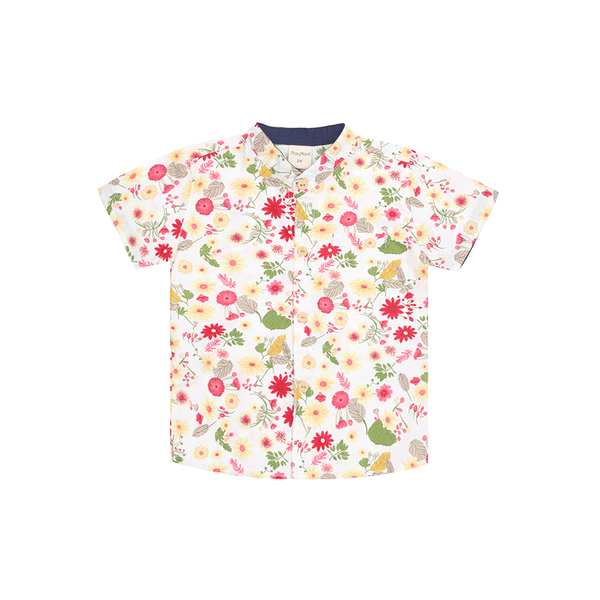 Mandarin Collar Shirt - Gerberas & Daisies (White)