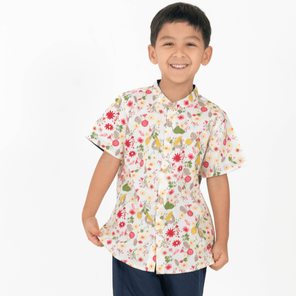 Mandarin Collar Shirt - Gerberas & Daisies (White)