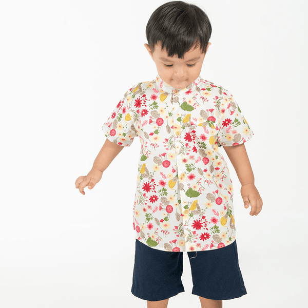 Mandarin Collar Shirt - Gerberas & Daisies (White)