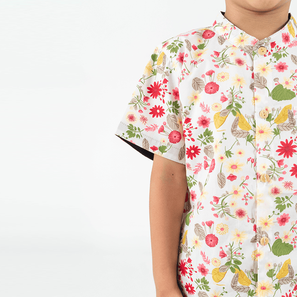 Mandarin Collar Shirt - Gerberas & Daisies (White)