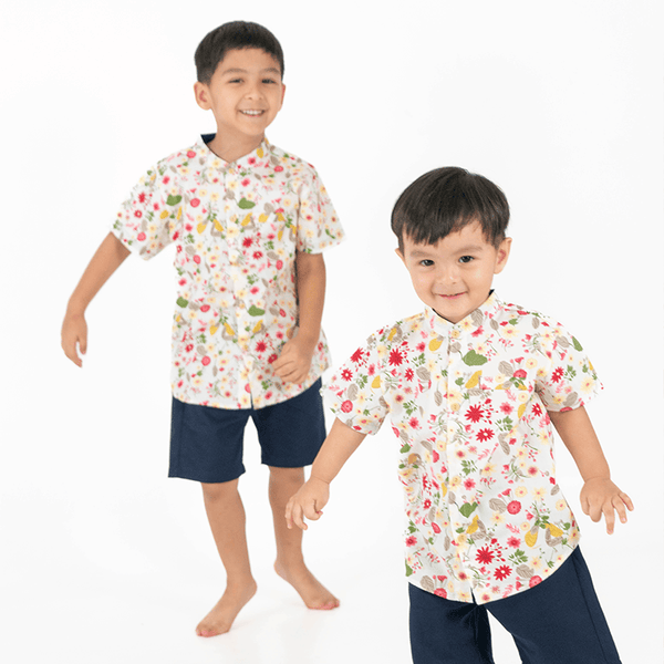 Mandarin Collar Shirt - Gerberas & Daisies (White)