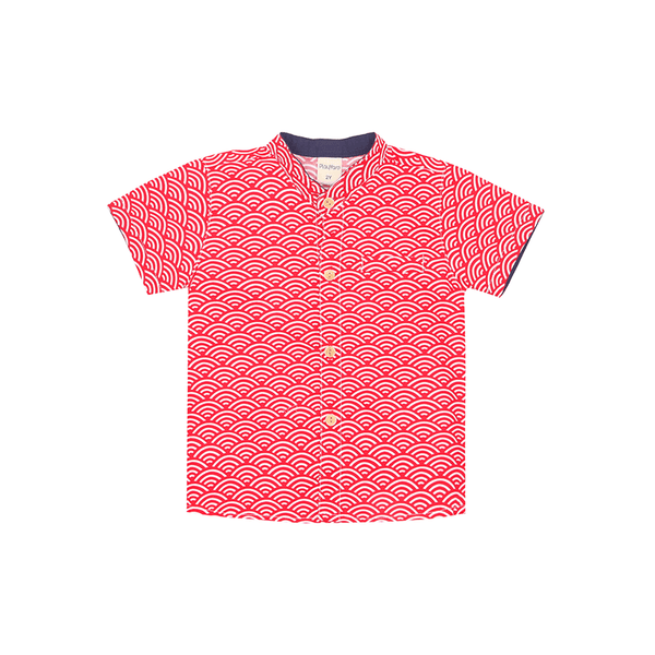 Mandarin Collar Shirt - Japanese Wave (Red)