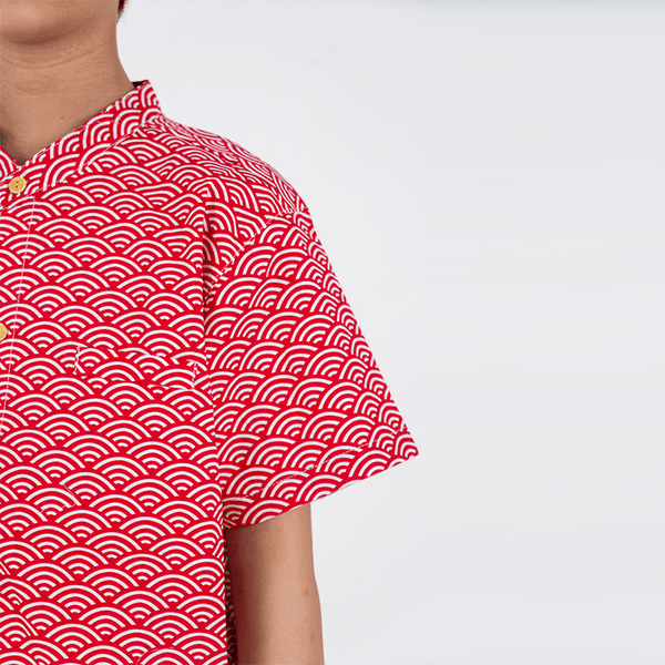 CNY Boy Shirt Mandarin Collar - Japanese Wave (Red)