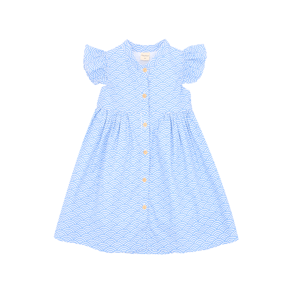 Ruffle Sleeve Button Down Japanese Wave Dress (Light Blue)