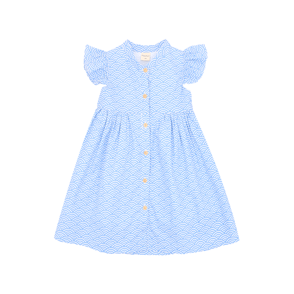 Ruffle Sleeve Button Down Japanese Wave Dress (Light Blue)