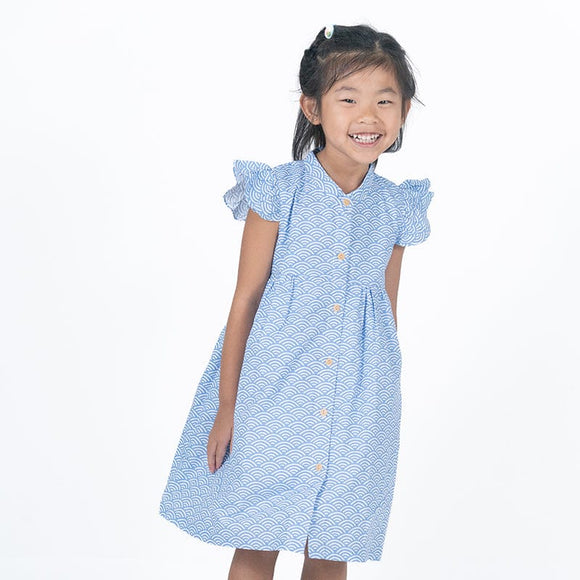 Ruffle Sleeve Button Down Japanese Wave Dress (Light Blue)