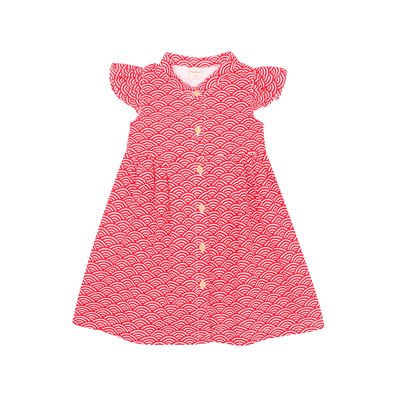 Ruffle Sleeve Button Down Japanese Wave Dress (Red)