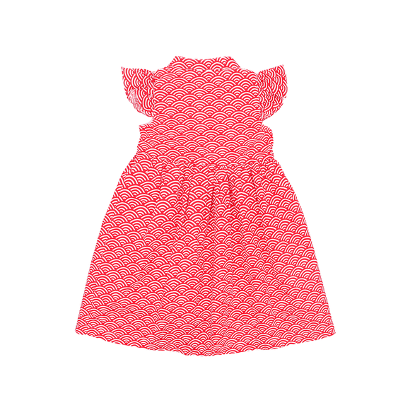 Ruffle Sleeve Button Down Japanese Wave Dress (Red)