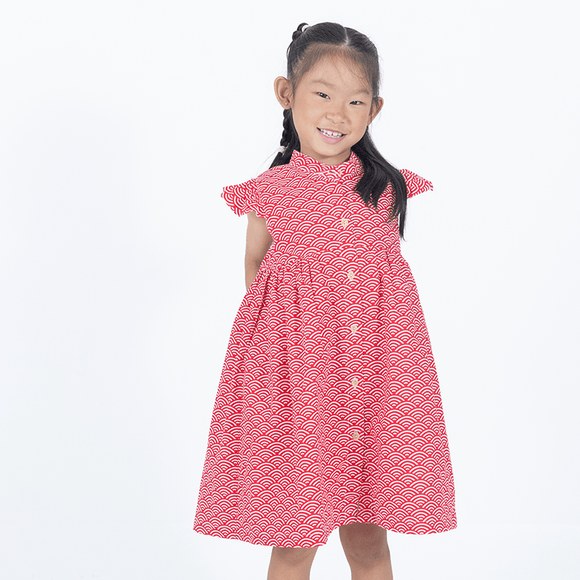 Ruffle Sleeve Button Down Japanese Wave Dress (Red)