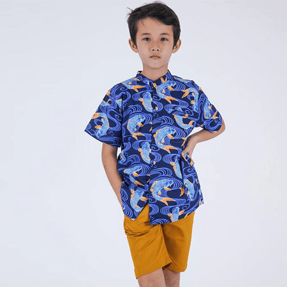 Mandarin Collar Boy Shirt - Prosperity Koi (Blue)