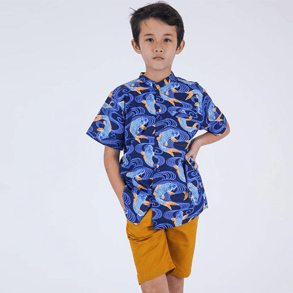 Mandarin Collar Boy Shirt - Prosperity Koi (Blue)