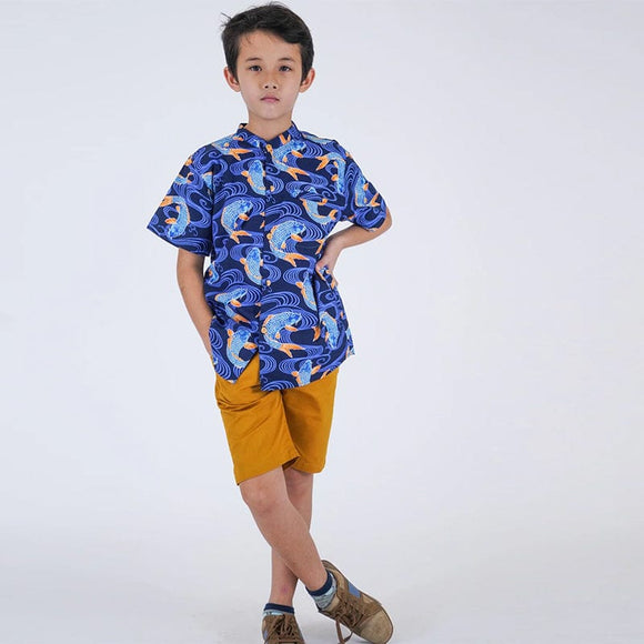 Mandarin Collar Boy Shirt - Prosperity Koi (Blue)
