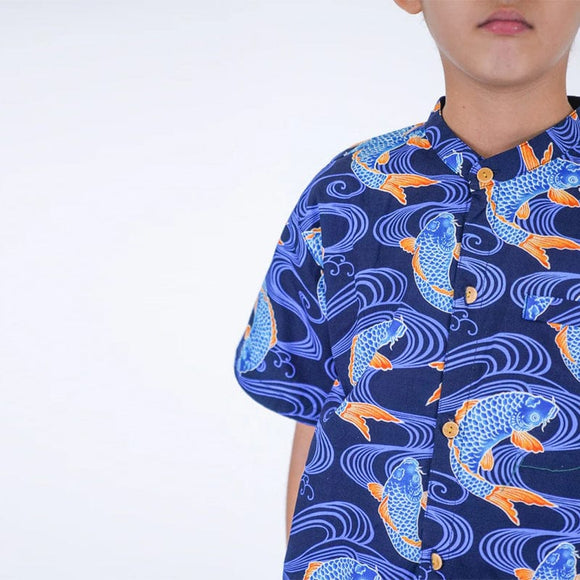 Mandarin Collar Boy Shirt - Prosperity Koi (Blue)