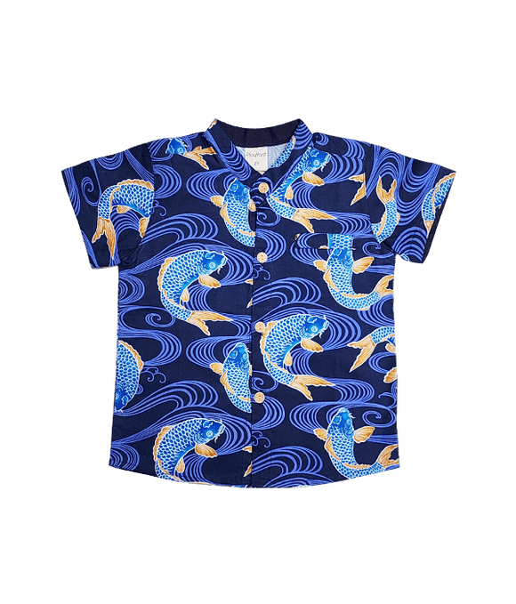 Mandarin Collar Shirt - Prosperity Koi (Blue)