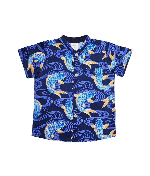 Mandarin Collar Shirt - Prosperity Koi (Blue)