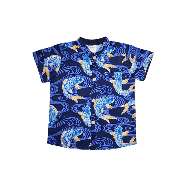 Mandarin Collar Boy Shirt - Prosperity Koi (Blue)