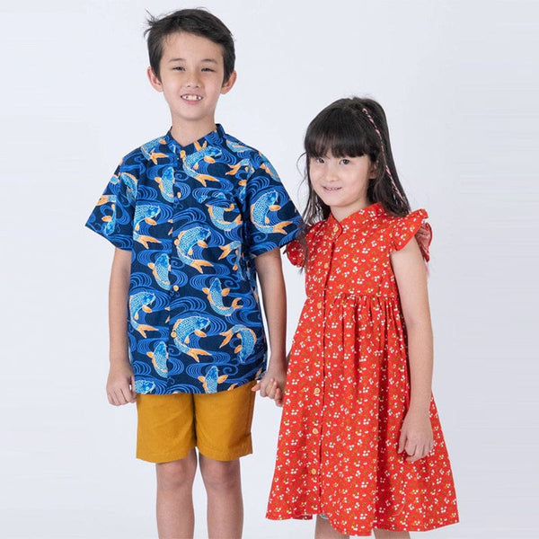 Mandarin Collar Boy Shirt - Prosperity Koi (Blue)