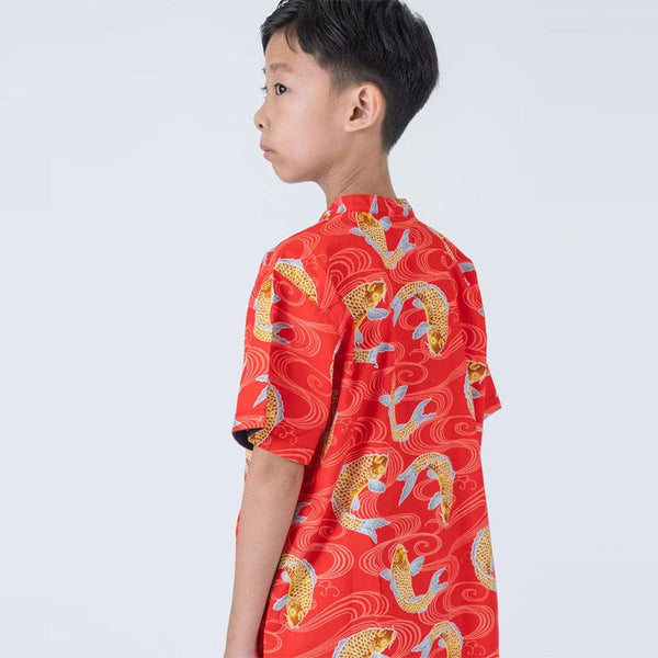 Mandarin Collar Boy Shirt - Prosperity Koi (Red)