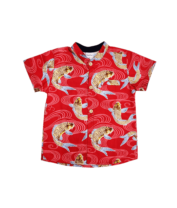 Mandarin Collar Shirt - Prosperity Koi (Red)
