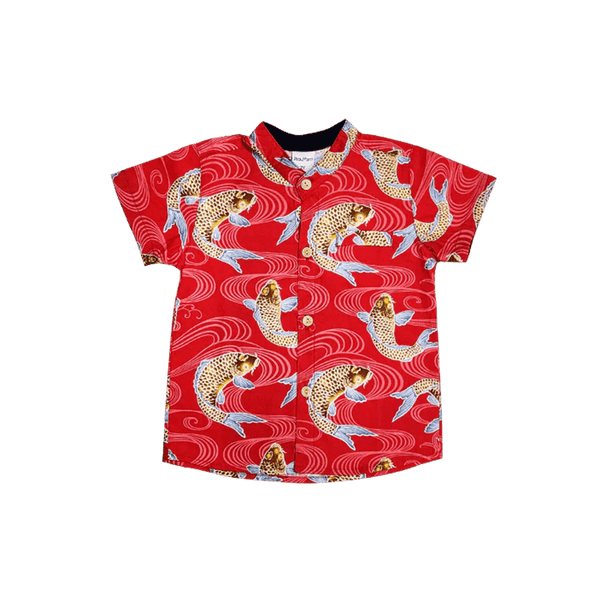 Mandarin Collar Boy Shirt - Prosperity Koi (Red)