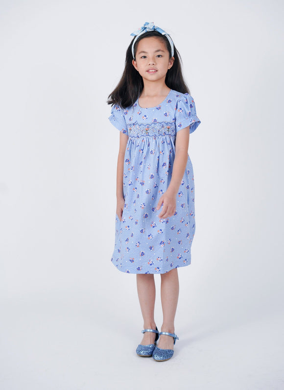 Robyn Blue & White Flowers Smocked Dress