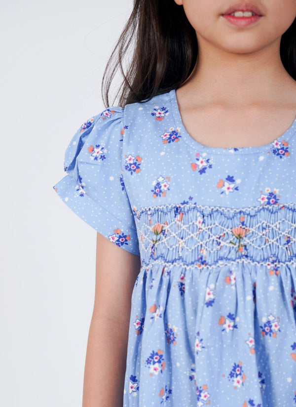 Robyn Blue & White Flowers Smocked Dress