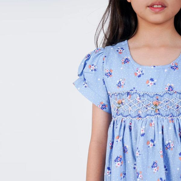 Robyn Blue & White Flowers Smocked Dress
