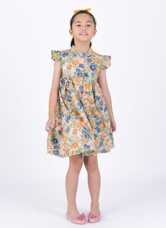Ruffle Sleeve Button Down Flower Paradise Girl Dress (Beige)