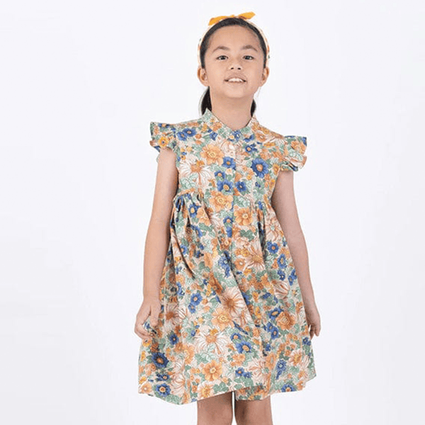 Ruffle Sleeve Button Down Flower Paradise Girl Dress (Beige)