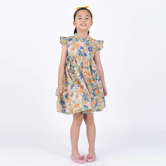 Ruffle Sleeve Button Down Flower Paradise Girl Dress (Beige)