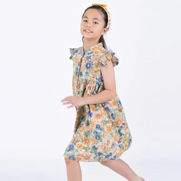 Ruffle Sleeve Button Down Flower Paradise Girl Dress (Beige)