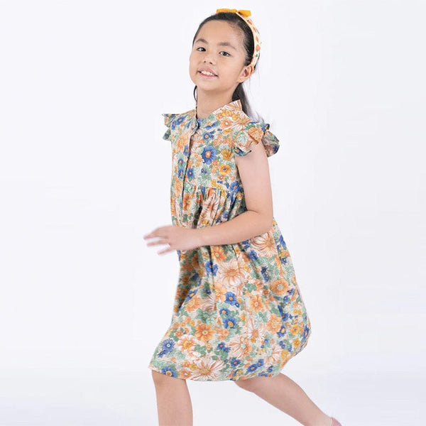 Ruffle Sleeve Button Down Flower Paradise Girl Dress (Beige)