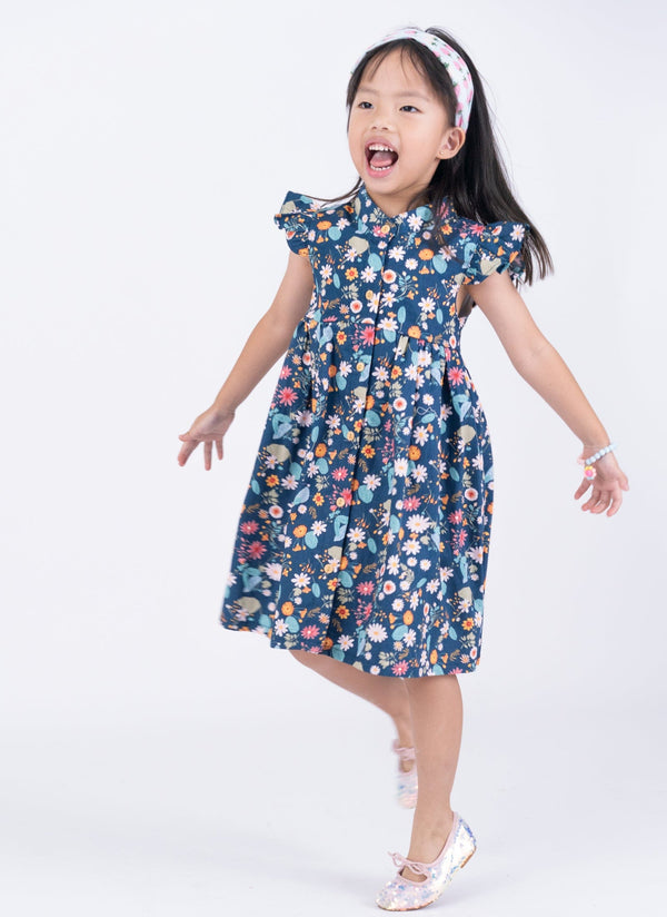 Ruffle Sleeve Button Down Gerberas & Daisies Girl Dress (Navy)