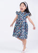 Ruffle Sleeve Button Down Gerberas & Daisies Girl Dress (Navy)