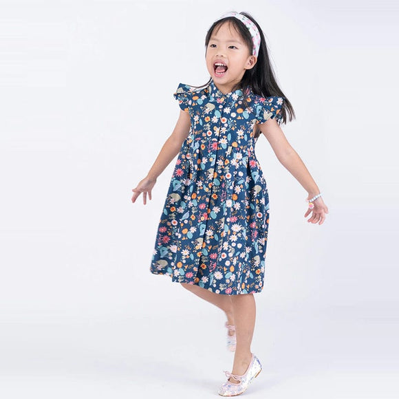 Ruffle Sleeve Button Down Gerberas & Daisies Girl Dress (Navy)