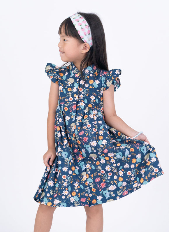 Ruffle Sleeve Button Down Gerberas & Daisies Girl Dress (Navy)