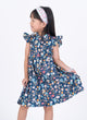 Ruffle Sleeve Button Down Gerberas & Daisies Girl Dress (Navy)