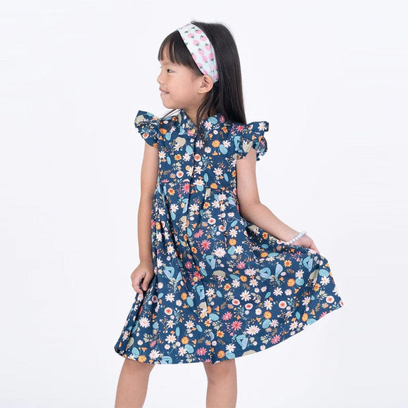 Ruffle Sleeve Button Down Gerberas & Daisies Girl Dress (Navy)