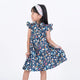 Ruffle Sleeve Button Down Gerberas & Daisies Girl Dress (Navy)