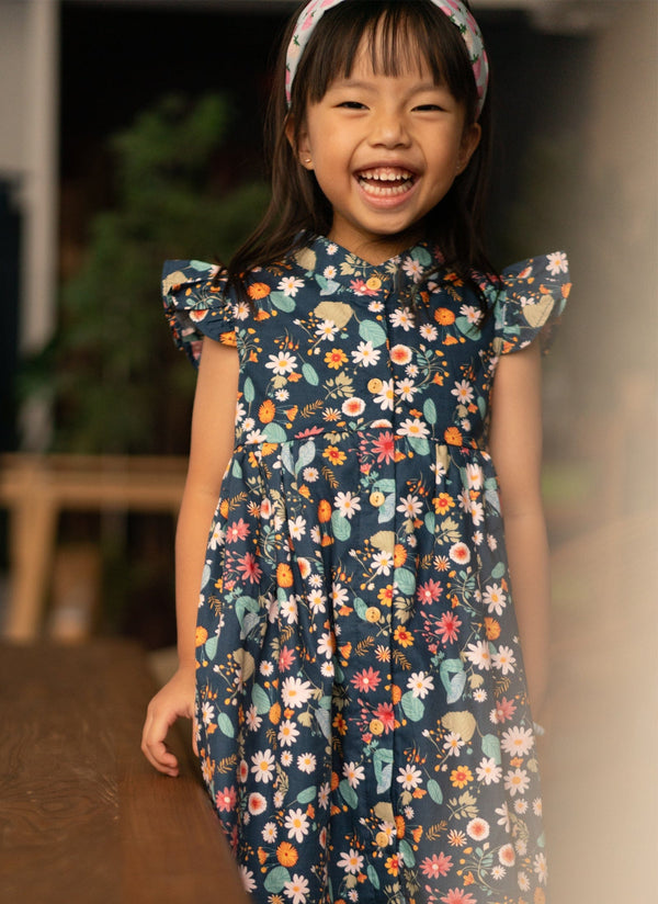 Ruffle Sleeve Button Down Gerberas & Daisies Girl Dress (Navy)