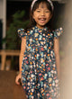 Ruffle Sleeve Button Down Gerberas & Daisies Girl Dress (Navy)